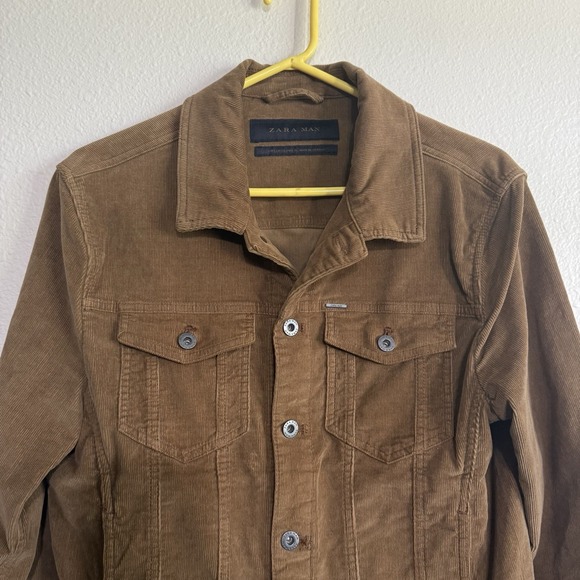 Zara Mens Trucker Corduroy Jacket Brown Button Front Casual Size Small Tan Camel - Picture 5 of 12